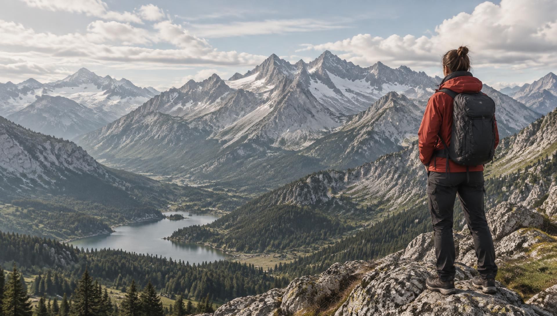 Personne en randonnée, sac sur le dos, face à un lac de montagne